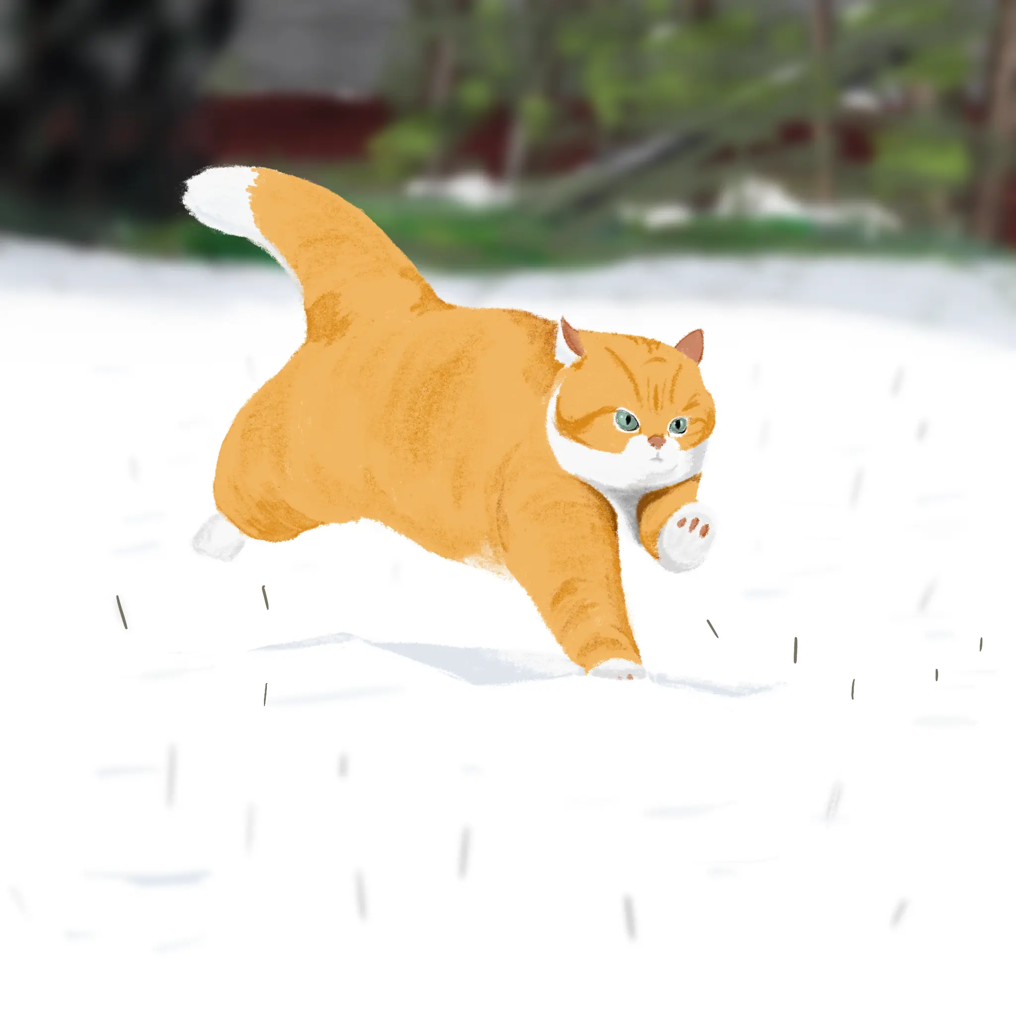 画了一张在雪地奔跑的胖橘猫
